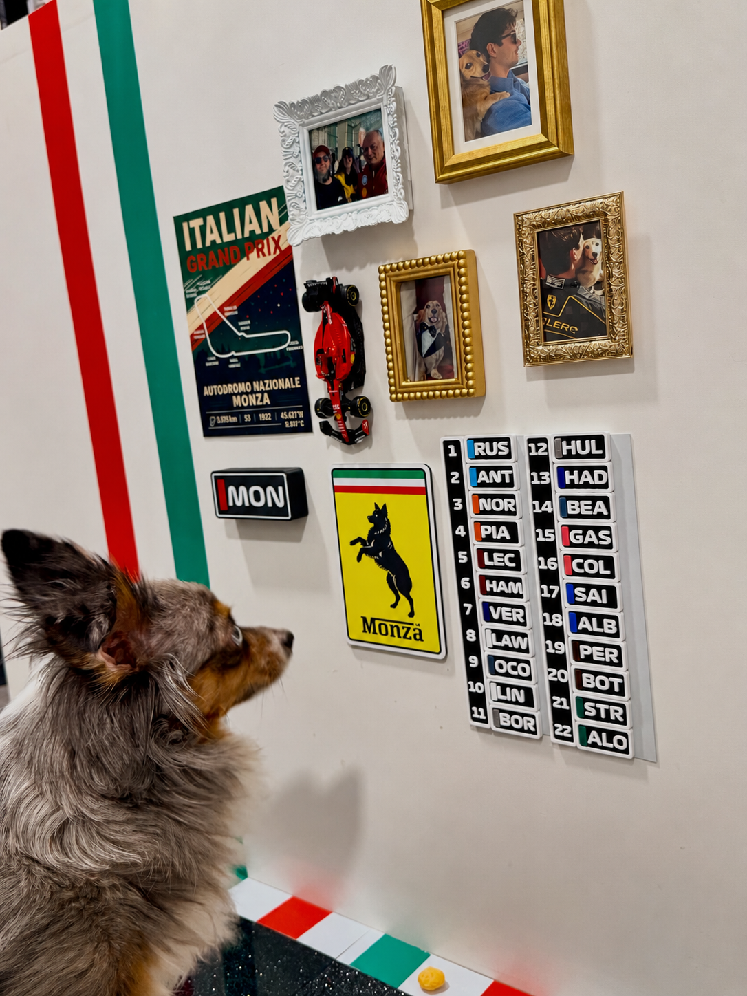 Race wall: Italian GP poster, Ferrari magnet, driver grid